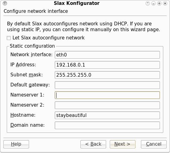 Slax Konfigurator - configuring network